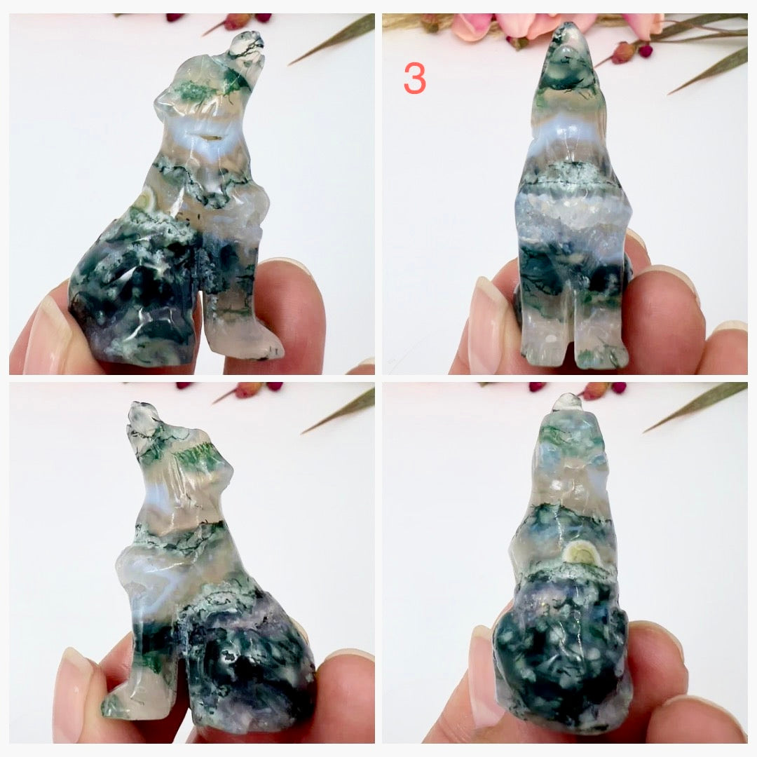 Small Moss Agate Wolves Dogs Crystal Carvings YOU CHOOSE