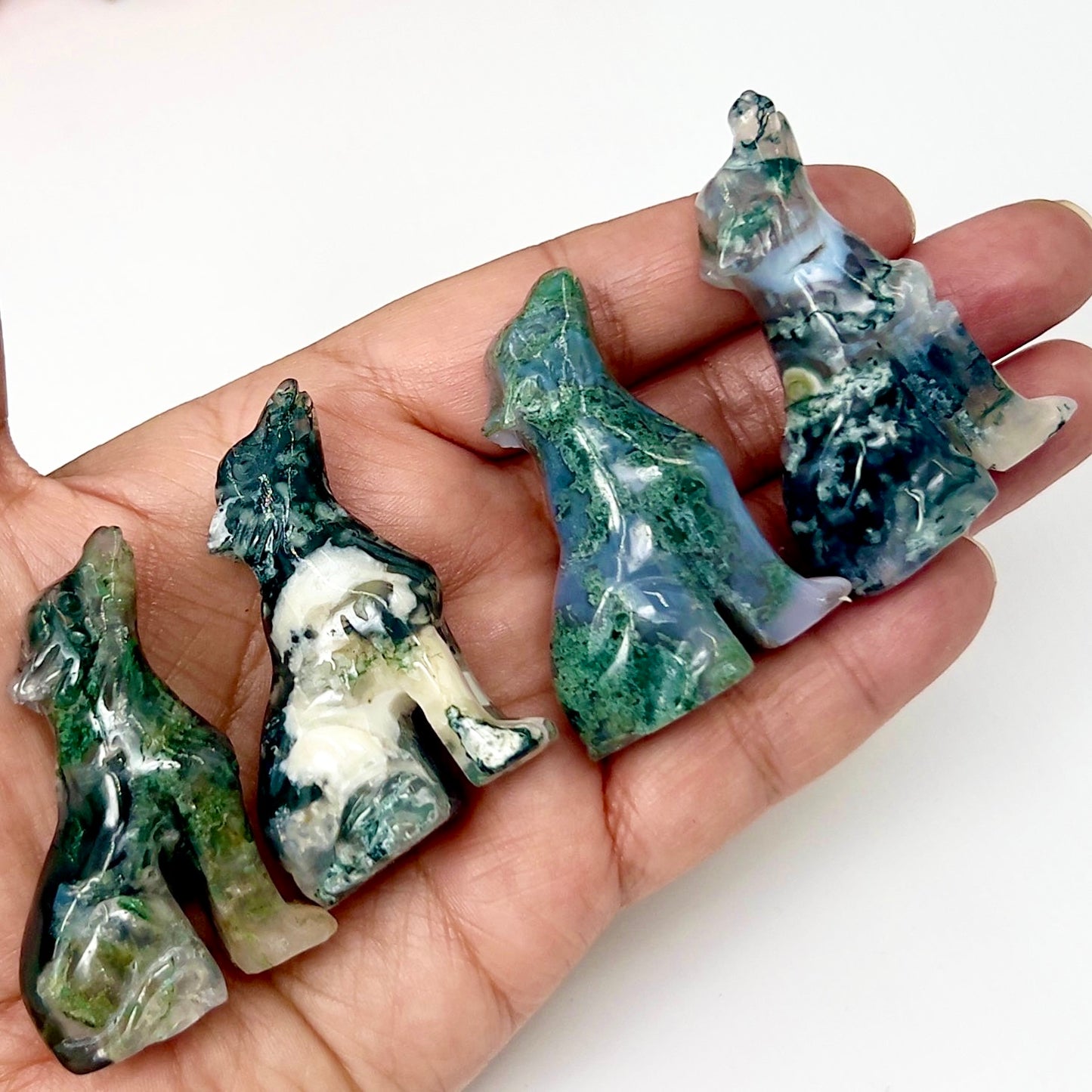 Small Moss Agate Wolves Dogs Crystal Carvings YOU CHOOSE