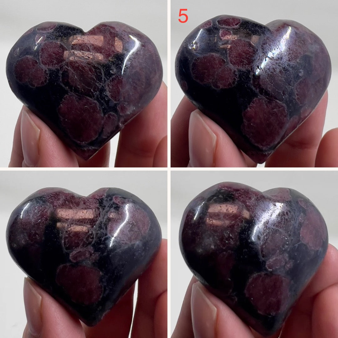 Garnet in Arfvedsonite Hearts Crystal Carvings YOU CHOOSE