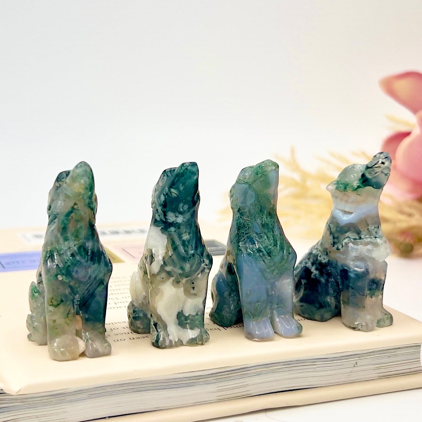 Small Moss Agate Wolves Dogs Crystal Carvings YOU CHOOSE