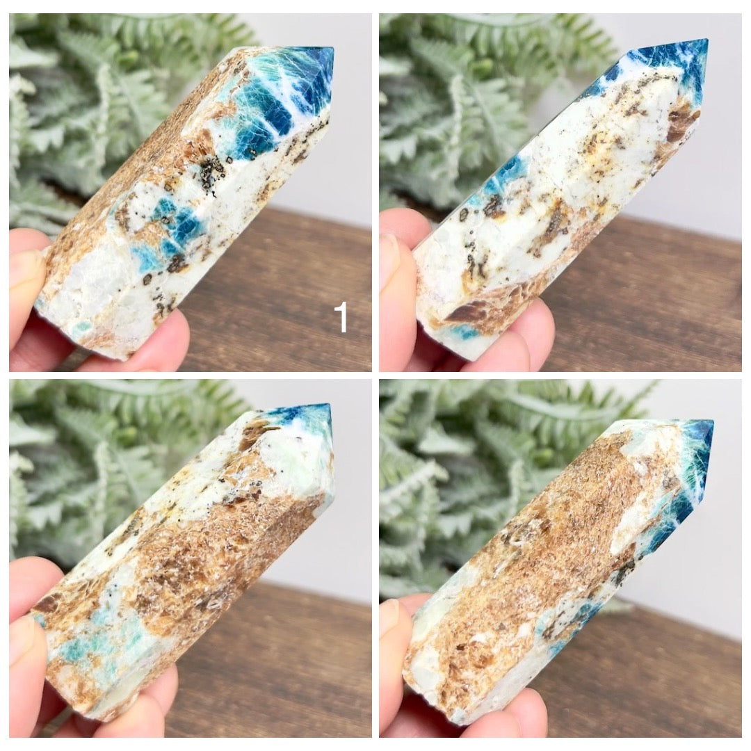 Blue Apatite with Sunstone Points Towers Crystal Generators YOU CHOOSE