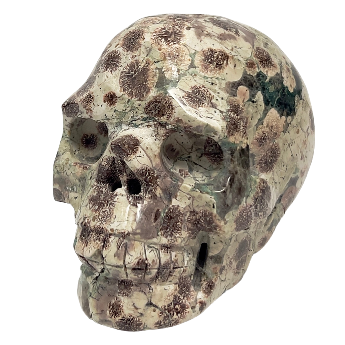Russian Flower Cherry Blossom Jasper Hollow Jaw Skull Healing Crystal Carving 954g