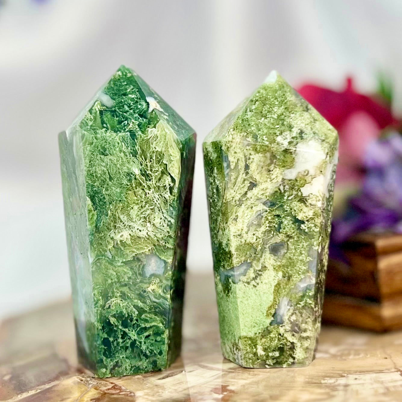 Moss Agate Point Towers Crystal Generator YOU CHOOSE