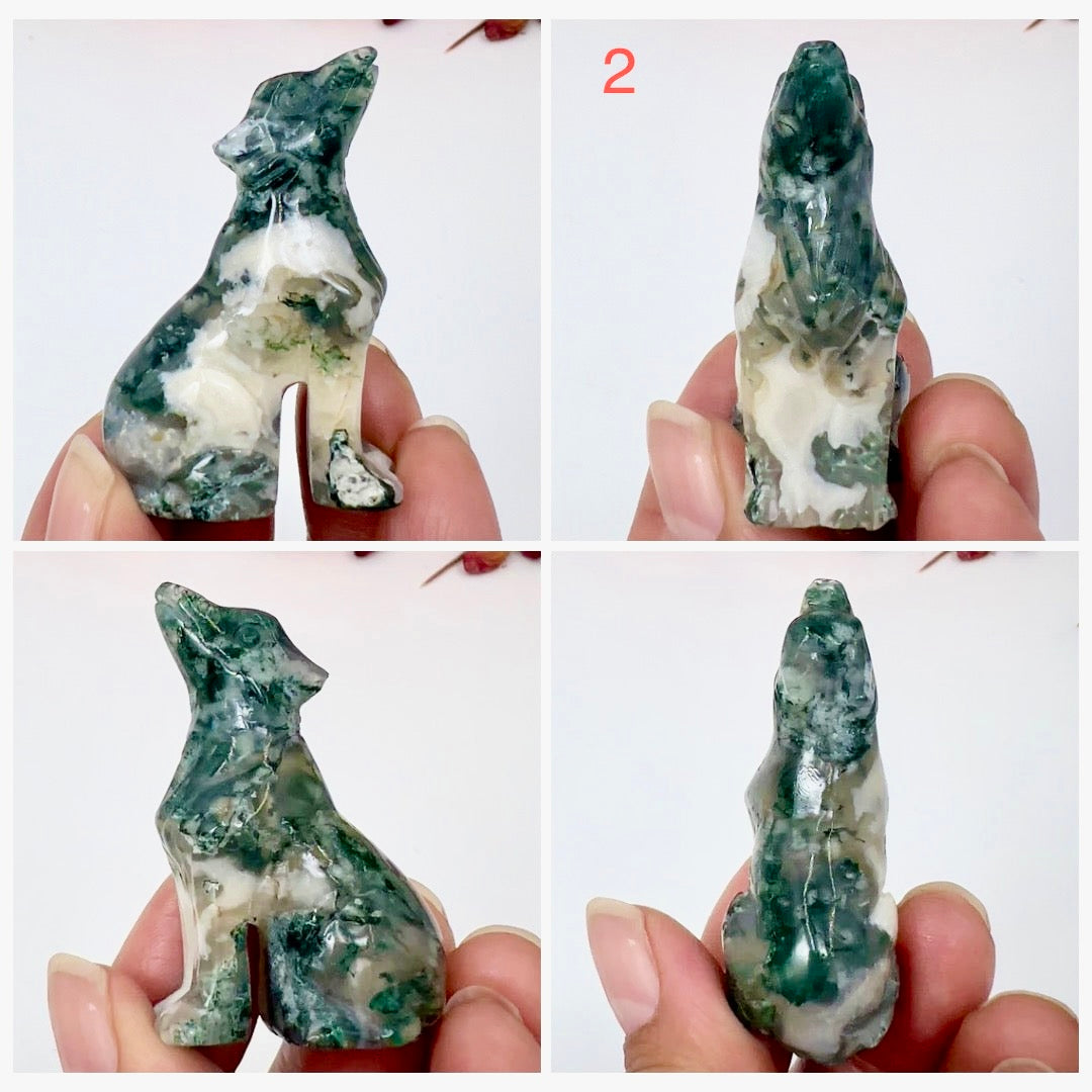 Small Moss Agate Wolves Dogs Crystal Carvings YOU CHOOSE
