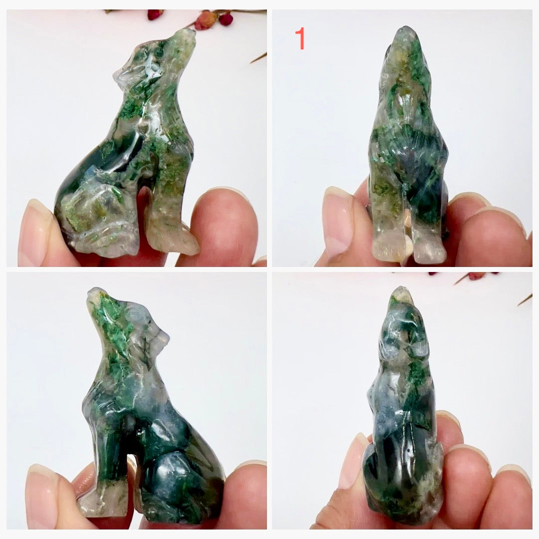 Small Moss Agate Wolves Dogs Crystal Carvings YOU CHOOSE
