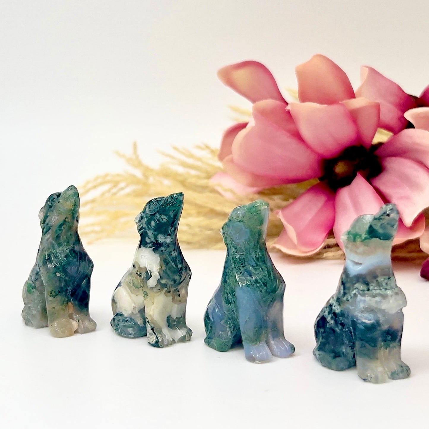 Small Moss Agate Wolves Dogs Crystal Carvings YOU CHOOSE