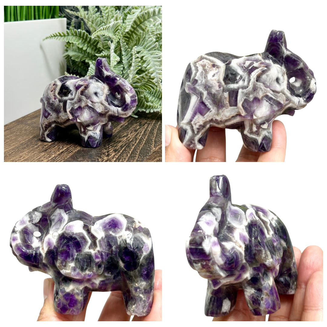 Chevron Dream Amethyst Healing Elephant Crystal Animal Carving 255g