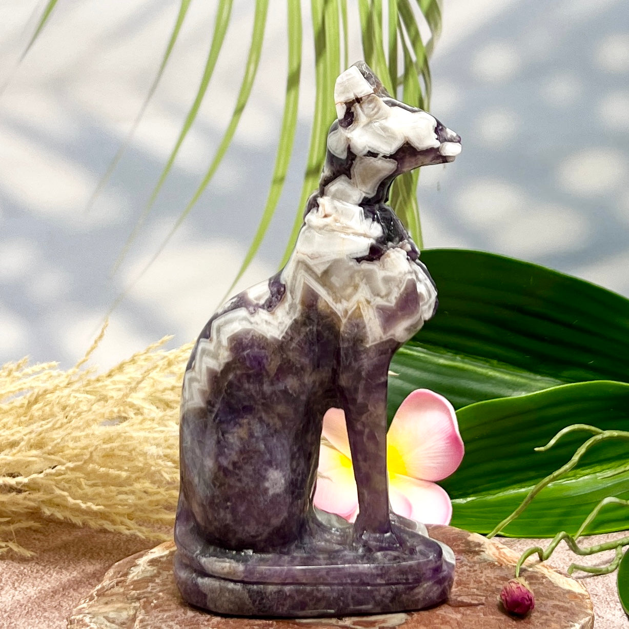 Chevron Dream Amethyst Egyptian Cat Healing Crystal Ancient Animal Carving 480g