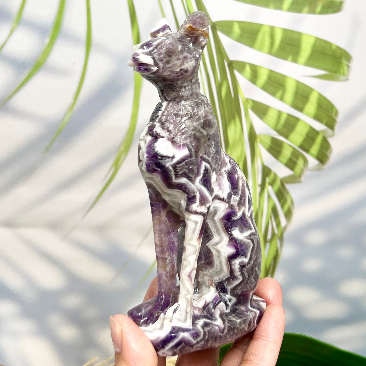 Chevron Dream Amethyst Egyptian Cat Healing Crystal Ancient Animal Carving 480g