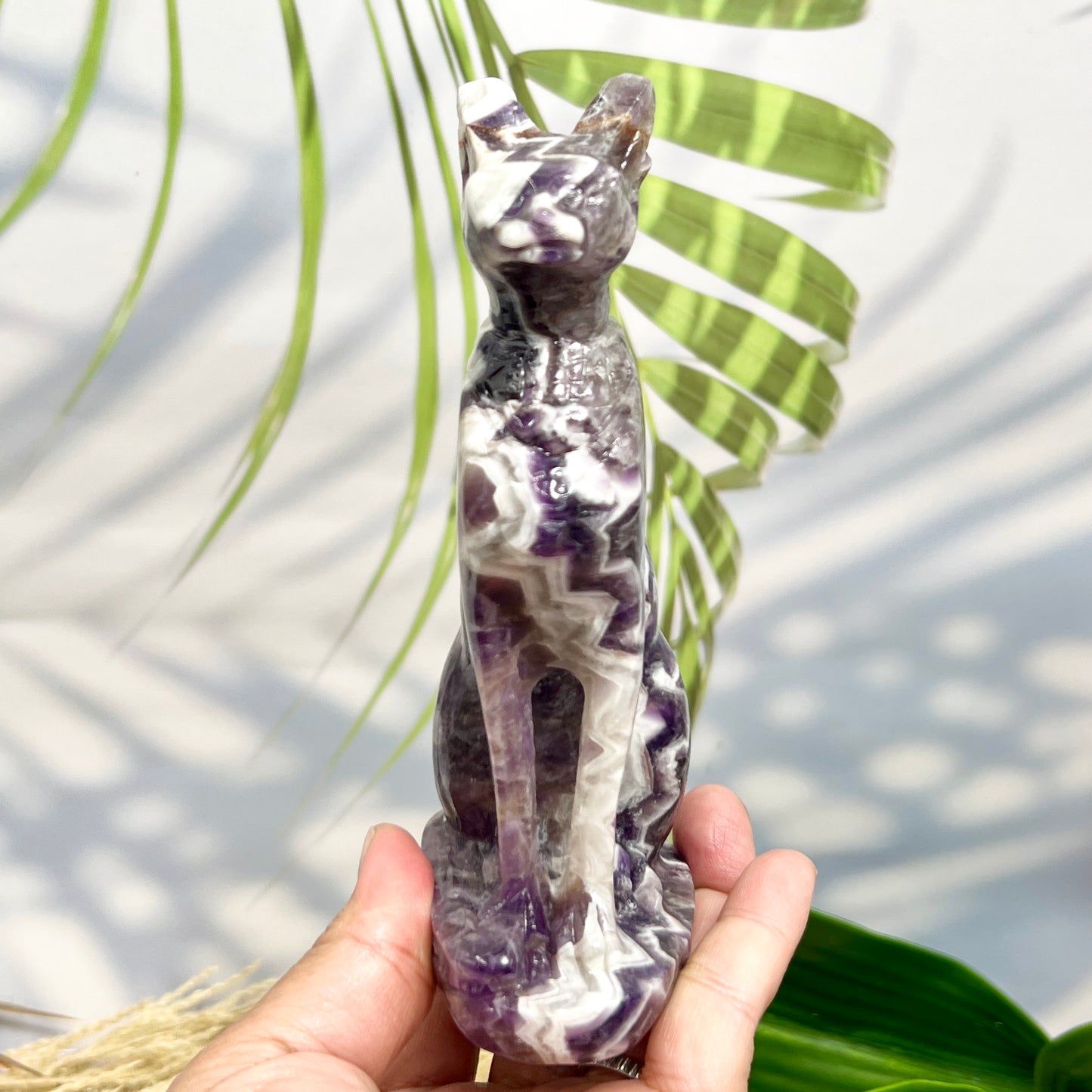 Chevron Dream Amethyst Egyptian Cat Healing Crystal Ancient Animal Carving 480g