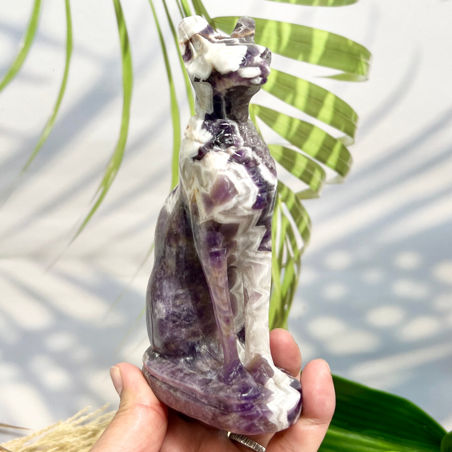 Chevron Dream Amethyst Egyptian Cat Healing Crystal Ancient Animal Carving 480g