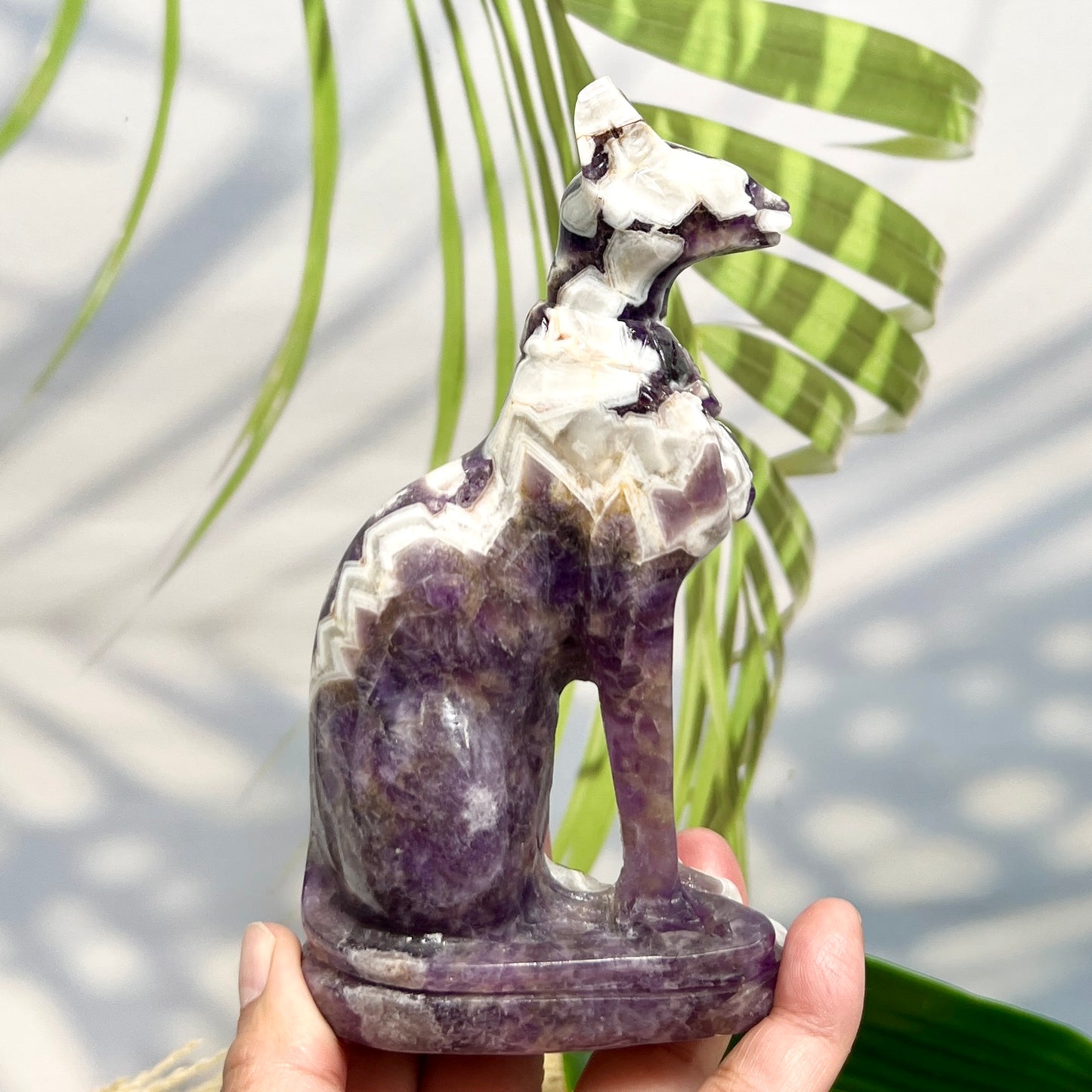 Chevron Dream Amethyst Egyptian Cat Healing Crystal Ancient Animal Carving 480g
