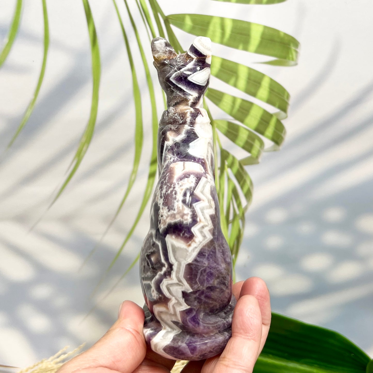 Chevron Dream Amethyst Egyptian Cat Healing Crystal Ancient Animal Carving 480g
