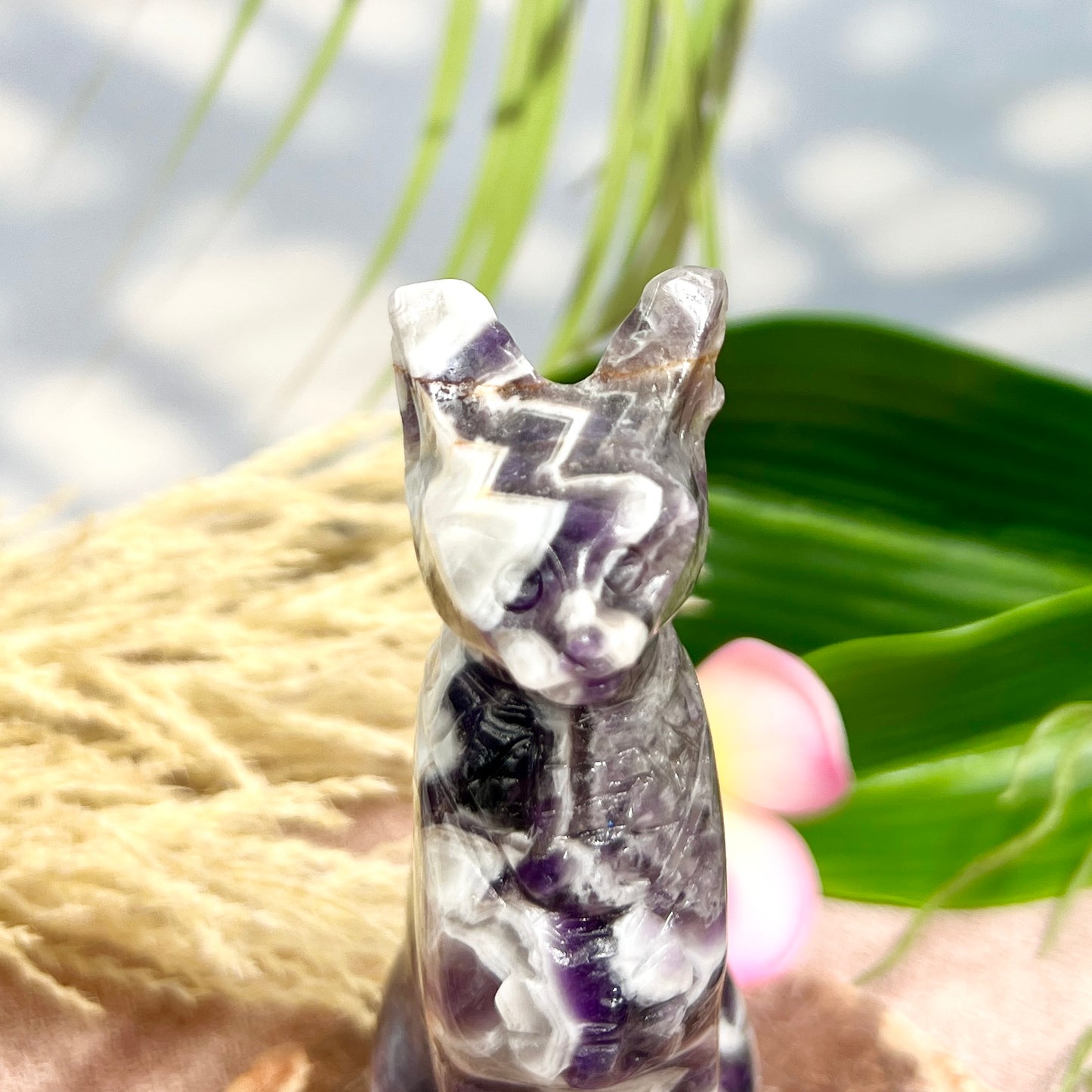 Chevron Dream Amethyst Egyptian Cat Healing Crystal Ancient Animal Carving 480g