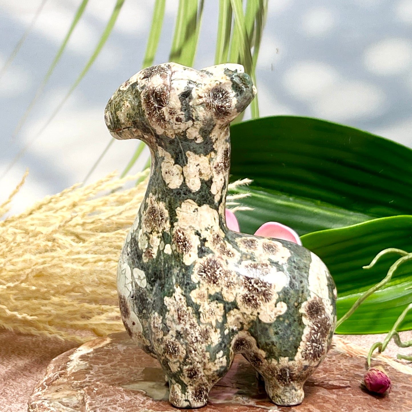 Russian Flower Cherry Blossom Jasper Llama Alpaca Crystal Animal Carving 404g