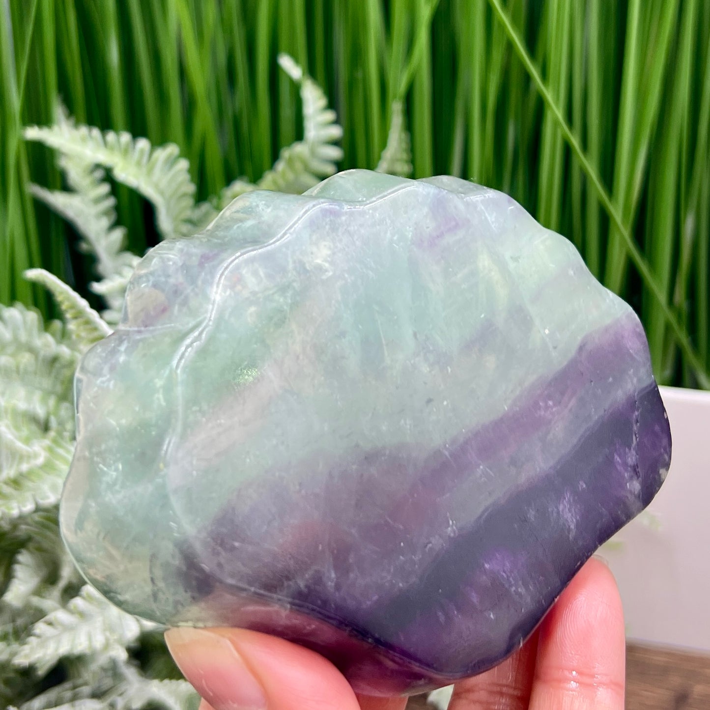 Purple Green Fluorite Shell Shaped Bowl Crystal Carving 276g