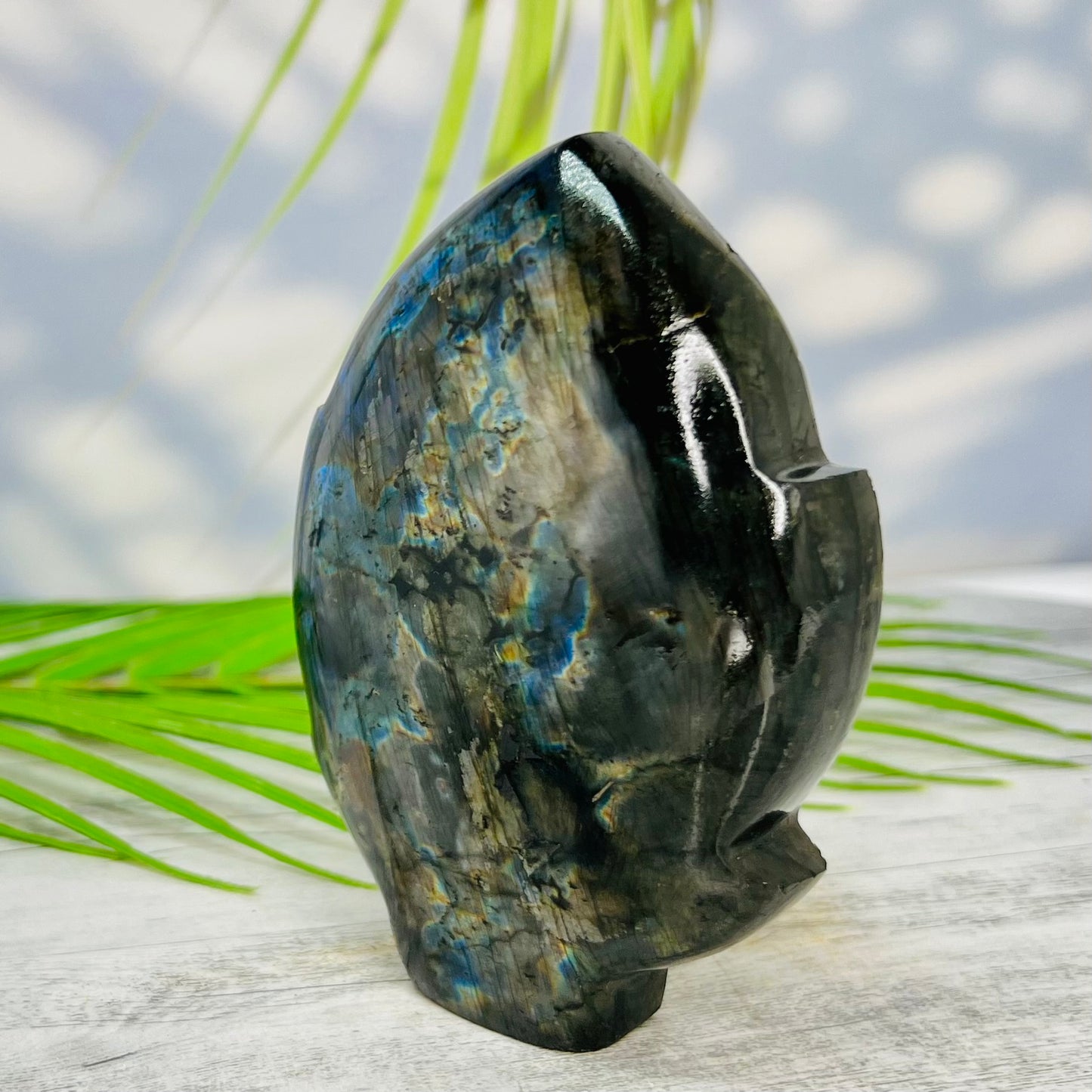 Fire Labradorite Leaf Flashy Crystal Carving 382g