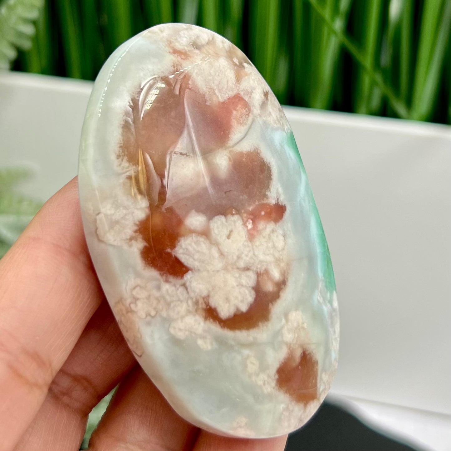 Green Red Flower Agate Sakura Rare Large Palm Stone Meditation Crystal 80g