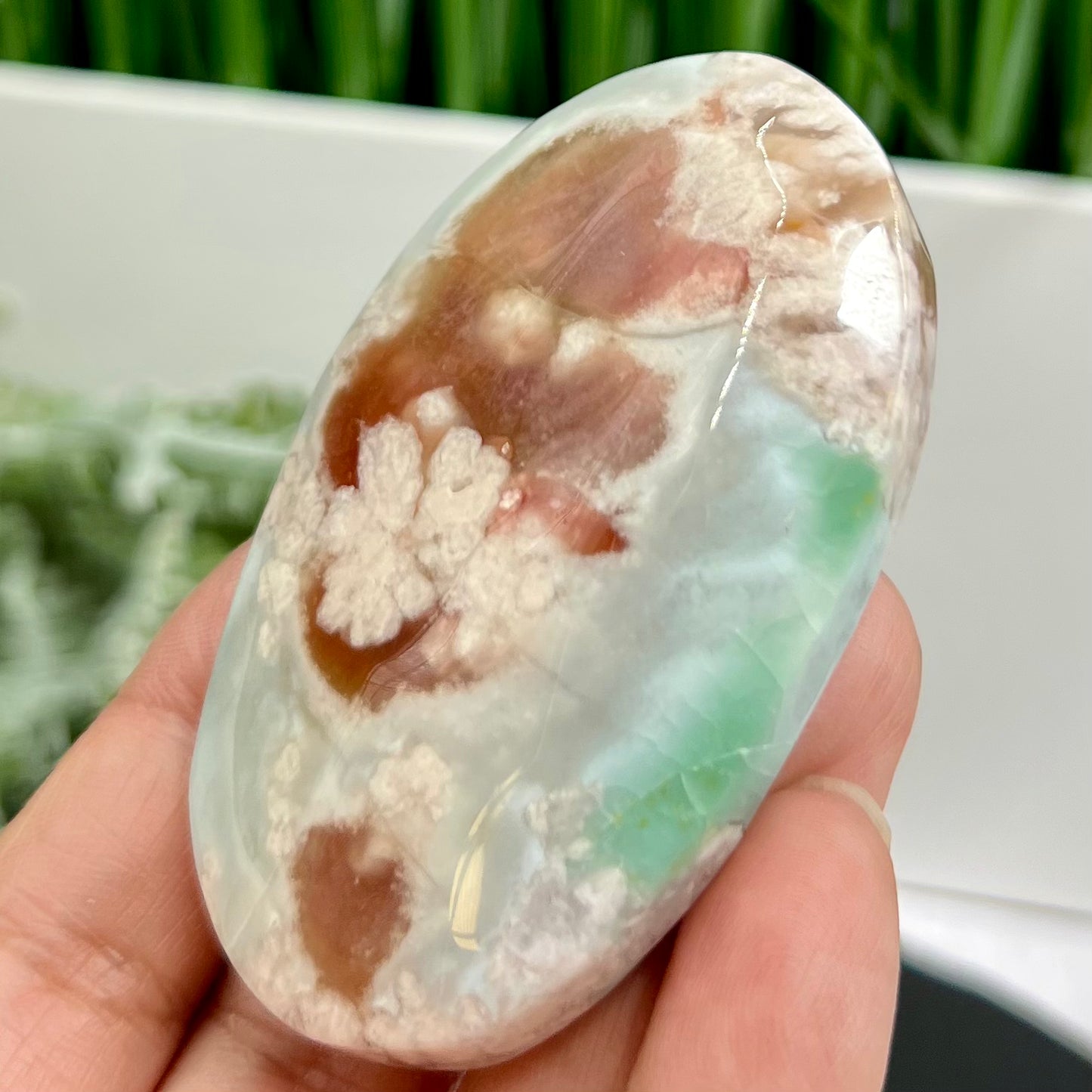 Green Red Flower Agate Sakura Rare Large Palm Stone Meditation Crystal 80g