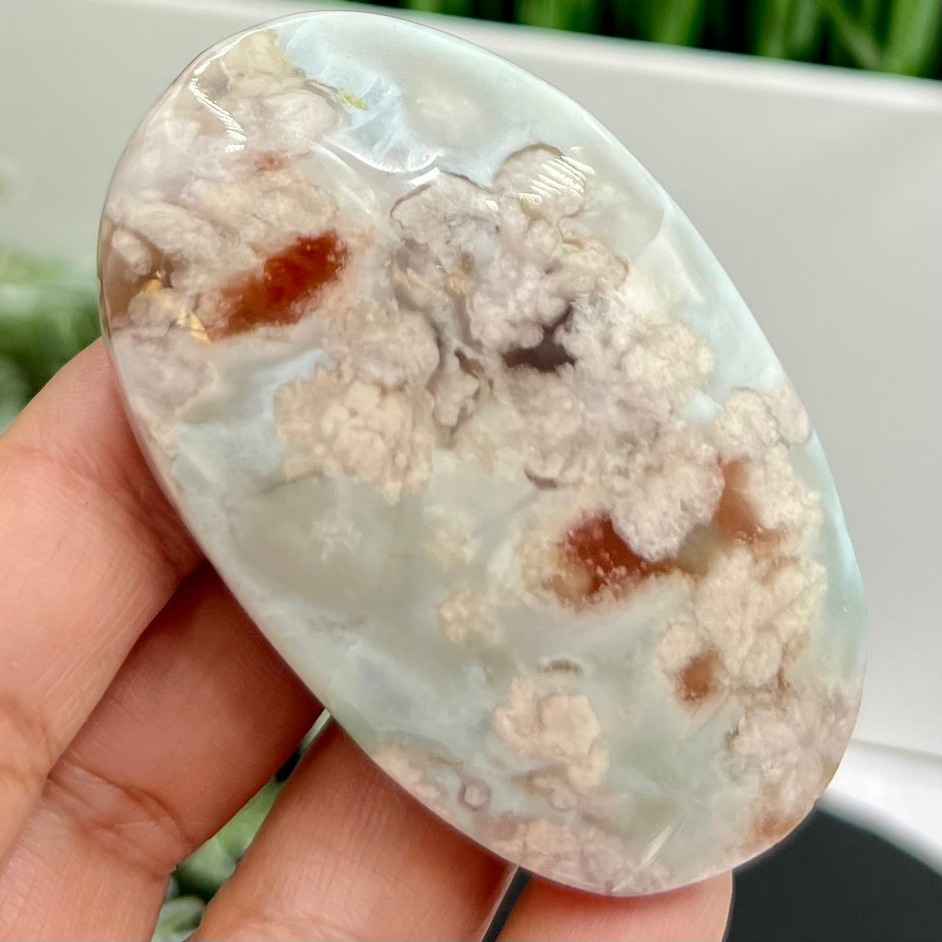 Green Red Flower Agate Sakura Rare Large Palm Stone Meditation Crystal 80g