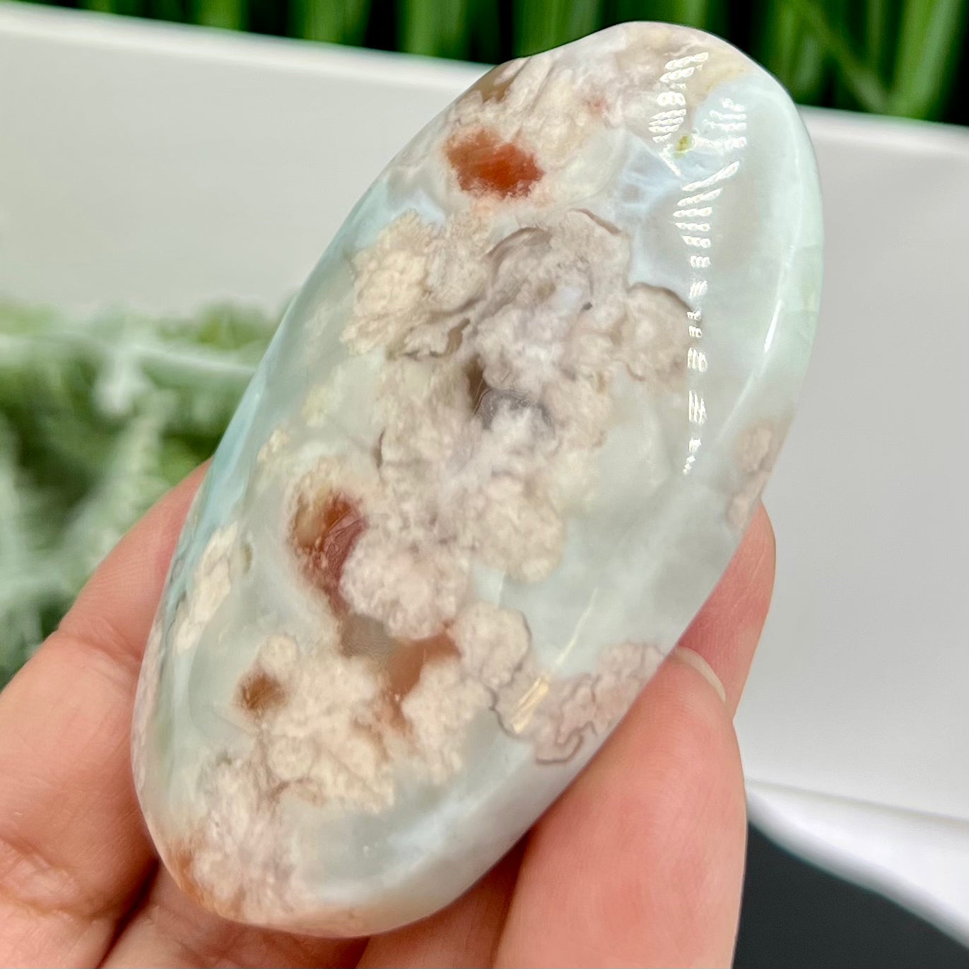 Green Red Flower Agate Sakura Rare Large Palm Stone Meditation Crystal 80g