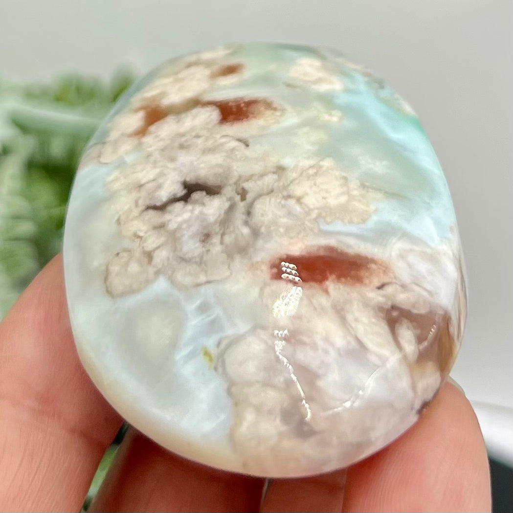 Green Red Flower Agate Sakura Rare Large Palm Stone Meditation Crystal 80g