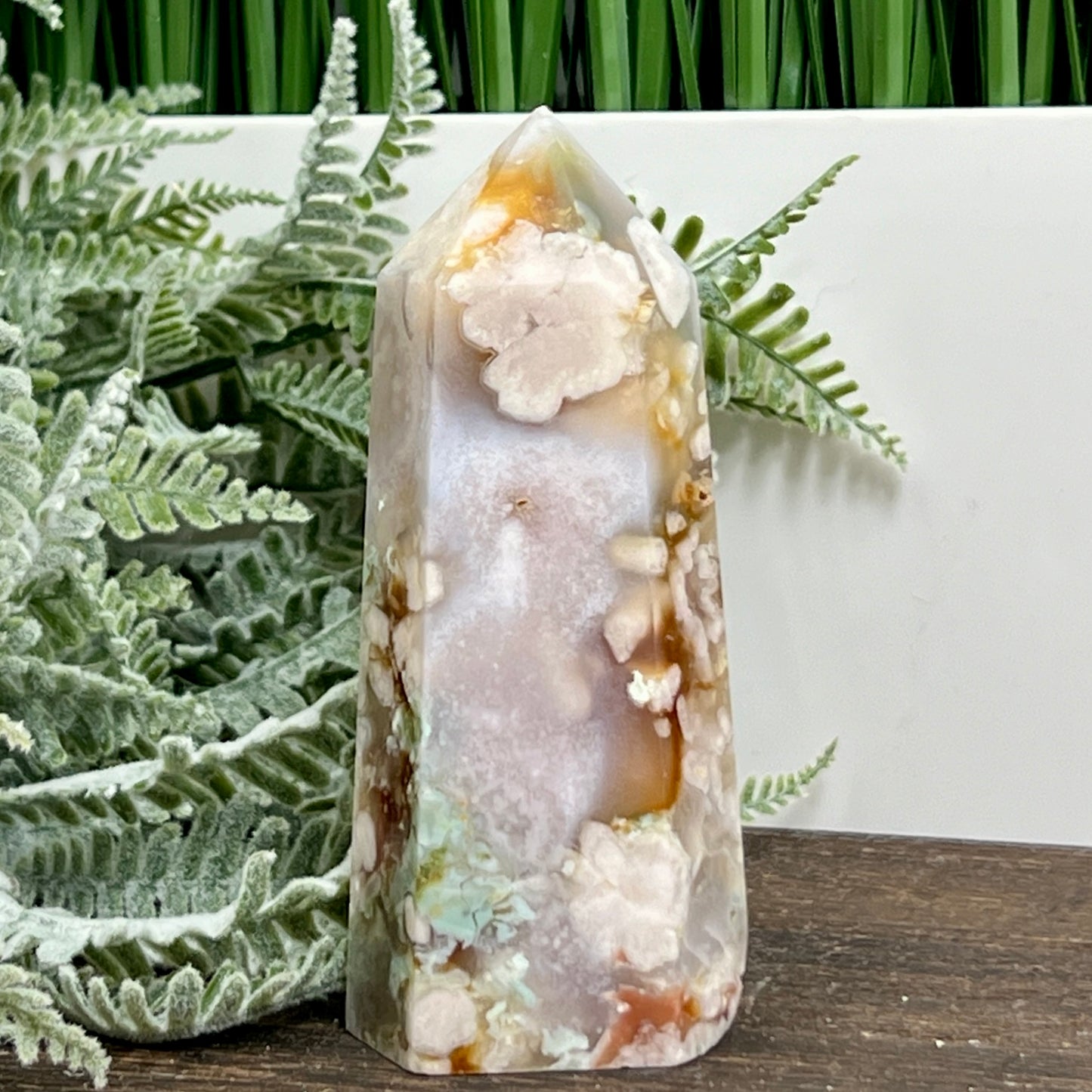 Pink Amethyst Green Flower Agate Tower Healing Crystal Generator 238g 103mm