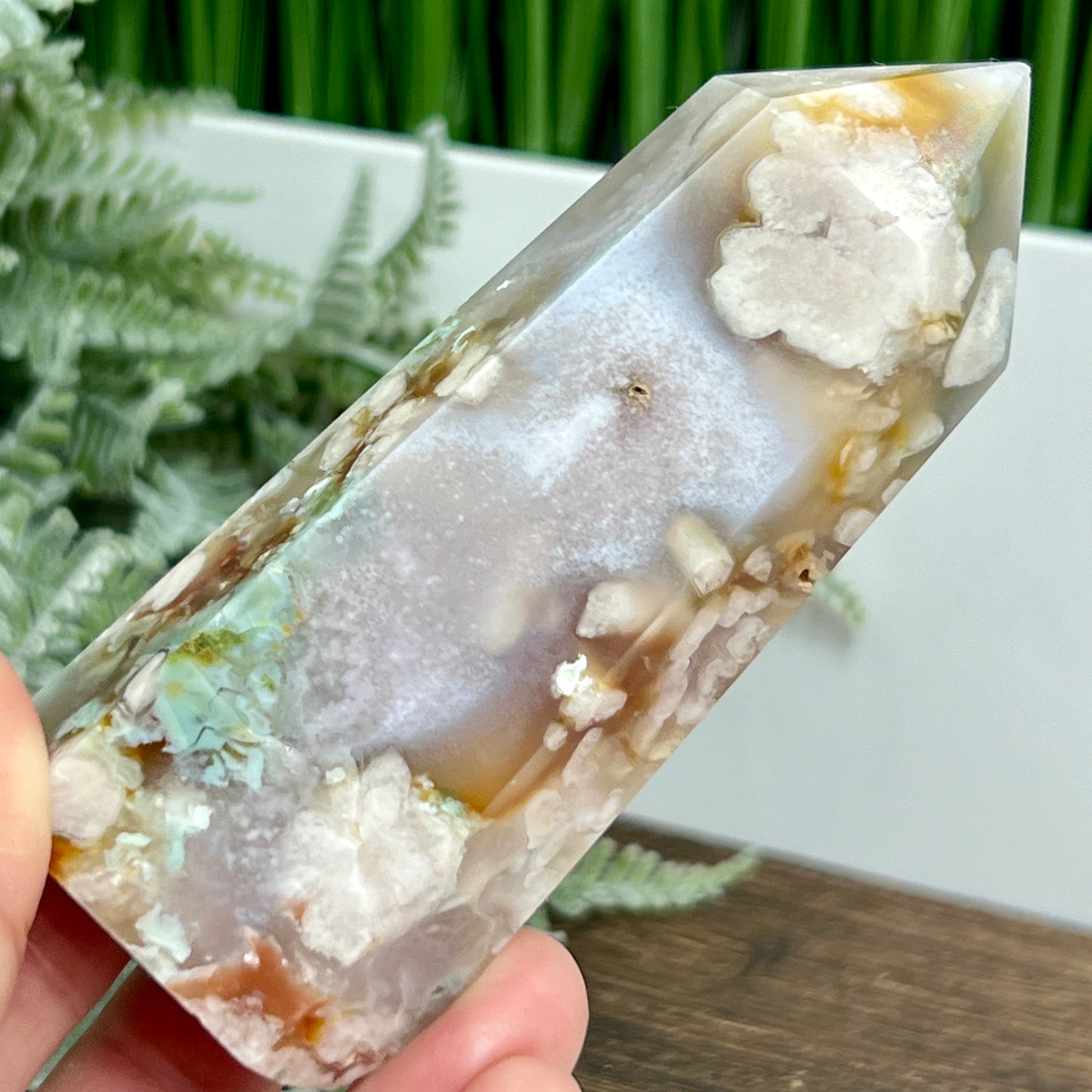 Pink Amethyst Green Flower Agate Tower Healing Crystal Generator 238g 103mm