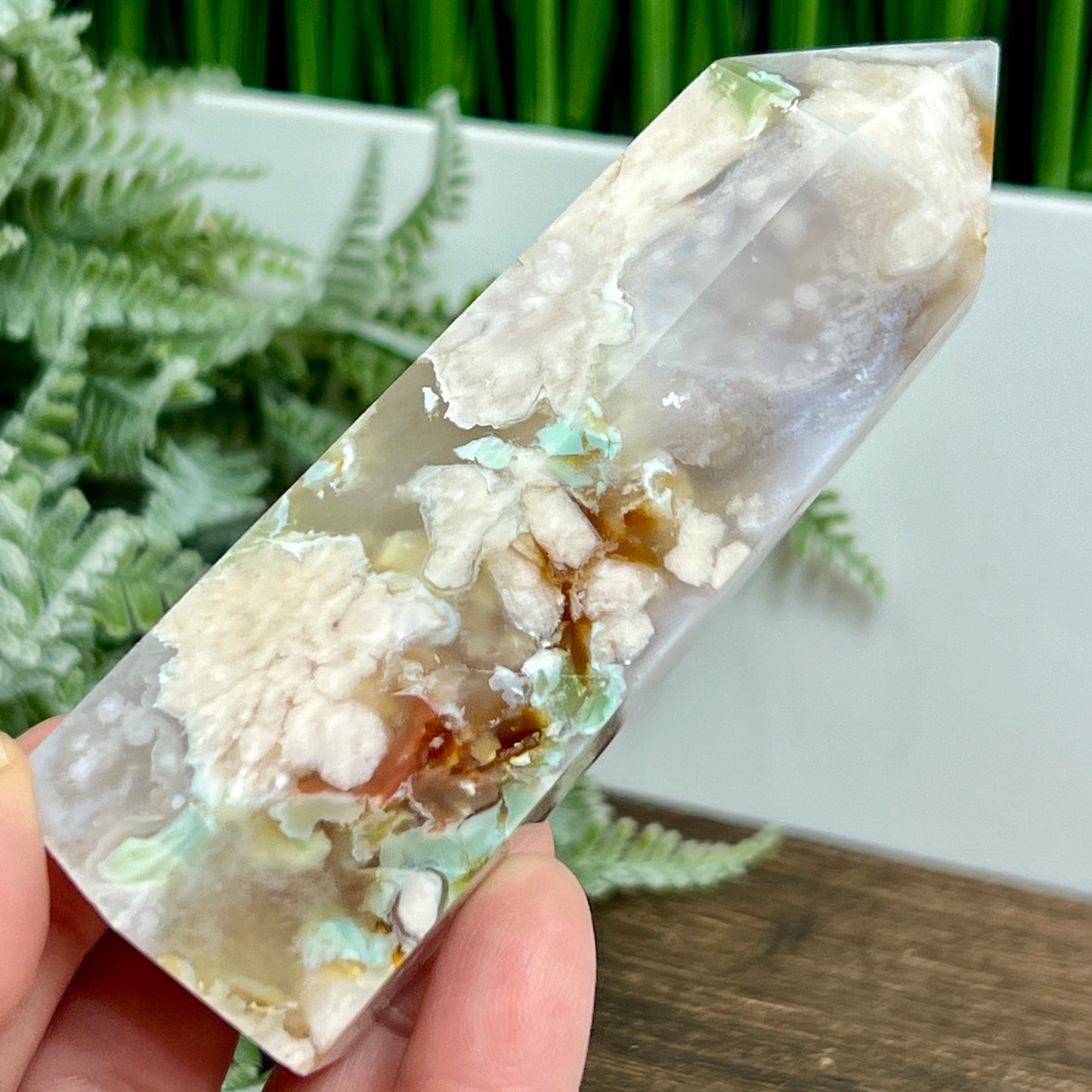 Pink Amethyst Green Flower Agate Tower Healing Crystal Generator 238g 103mm