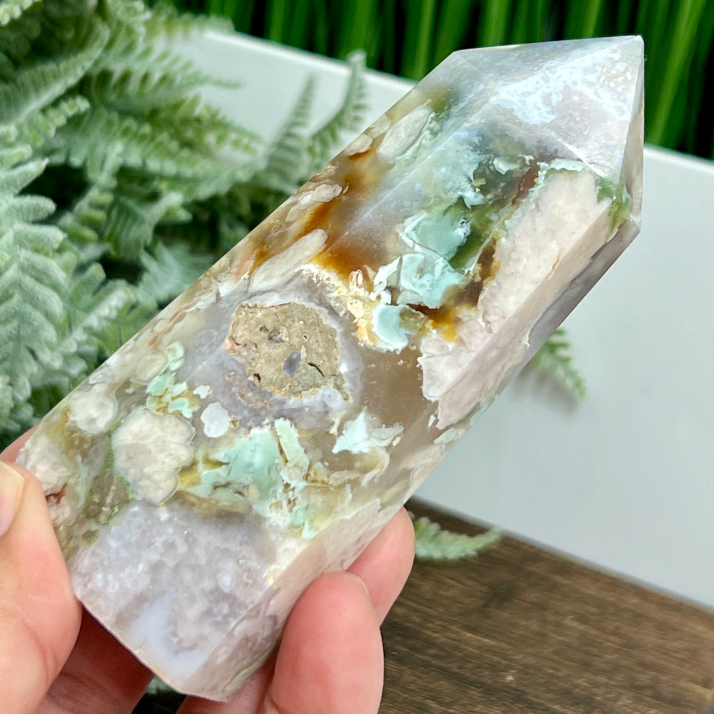 Pink Amethyst Green Flower Agate Tower Healing Crystal Generator 238g 103mm