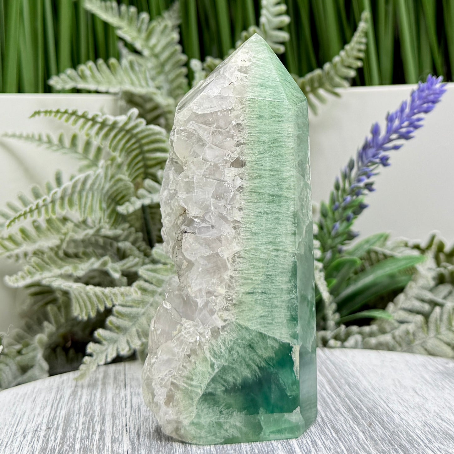 Green Fluorite with Quartz Tower Natural Crystal Generator 282g 106mm