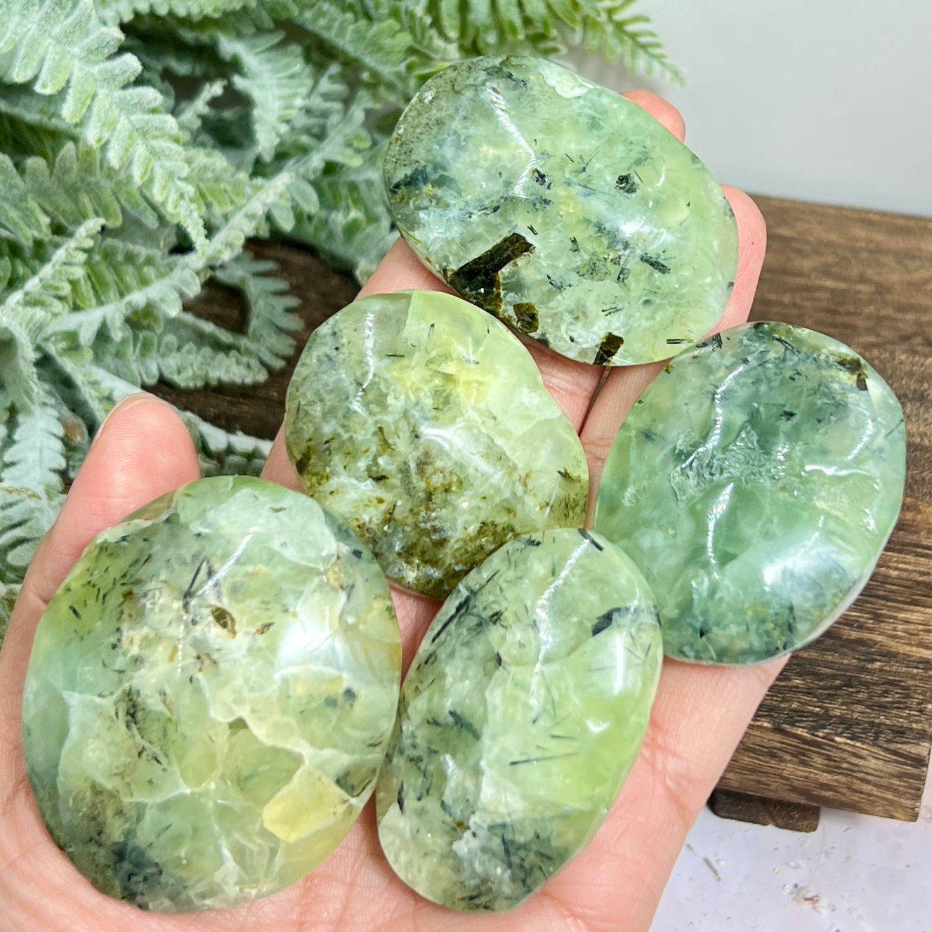 Prehnite with Epidote Palm Stones Worry Crystals YOU CHOOSE