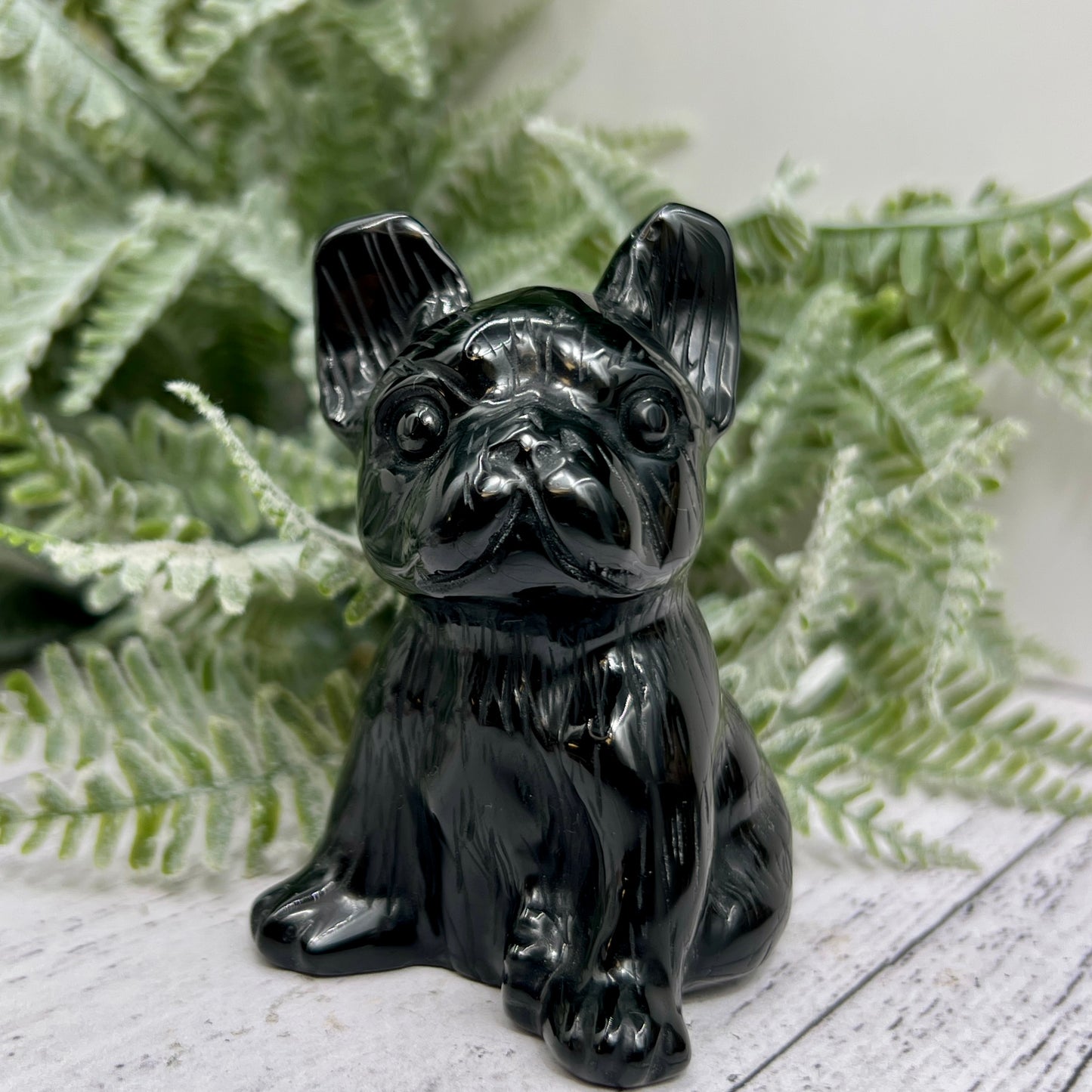 Black Obsidian French Bull Dog Puppy Animal Crystal Carving 190g