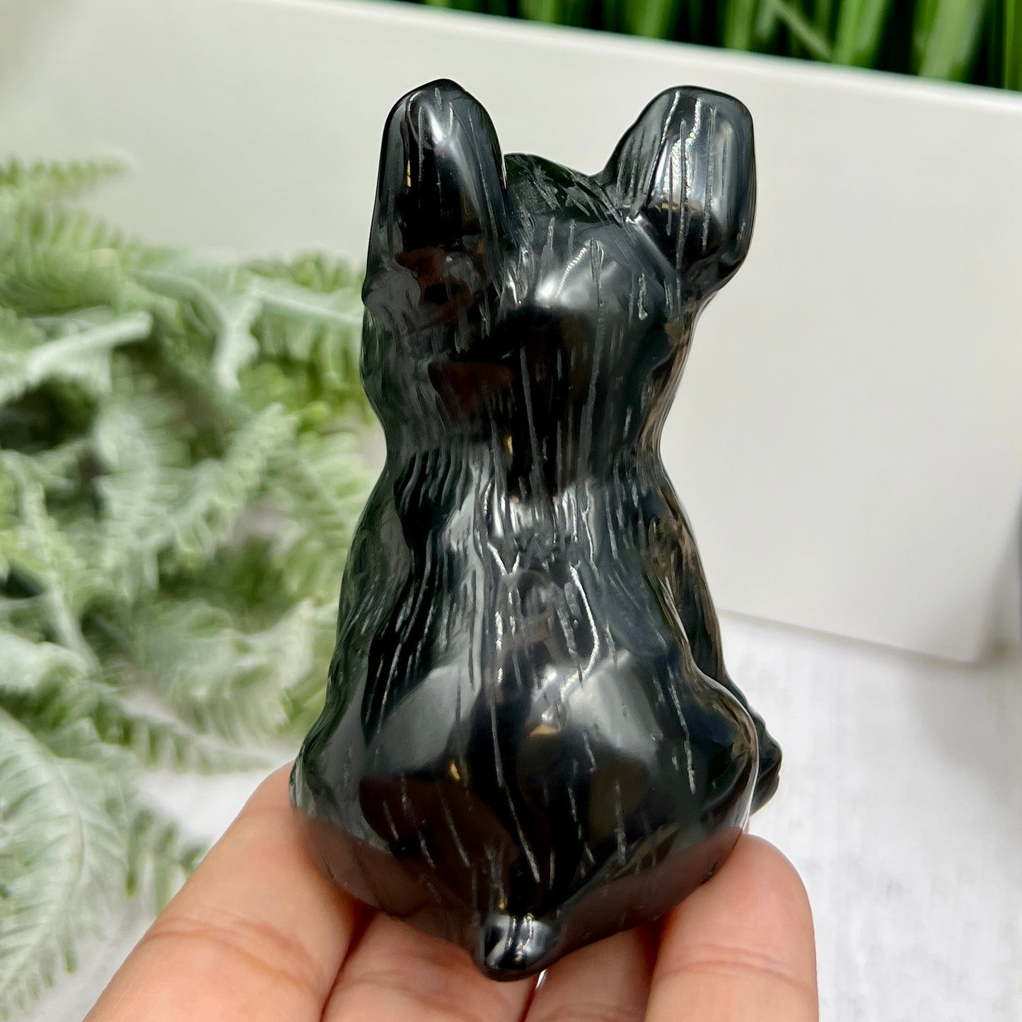 Black Obsidian French Bull Dog Puppy Animal Crystal Carving 190g