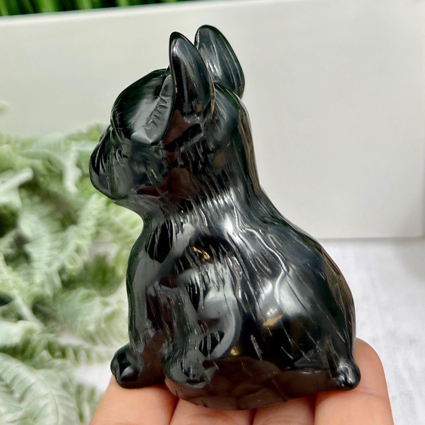 Black Obsidian French Bull Dog Puppy Animal Crystal Carving 190g