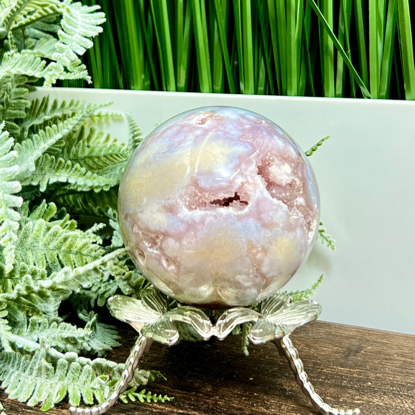 Pink Amethyst Flower Agate Dendritic Quartz Sphere Crystal Ball 488g 71mm