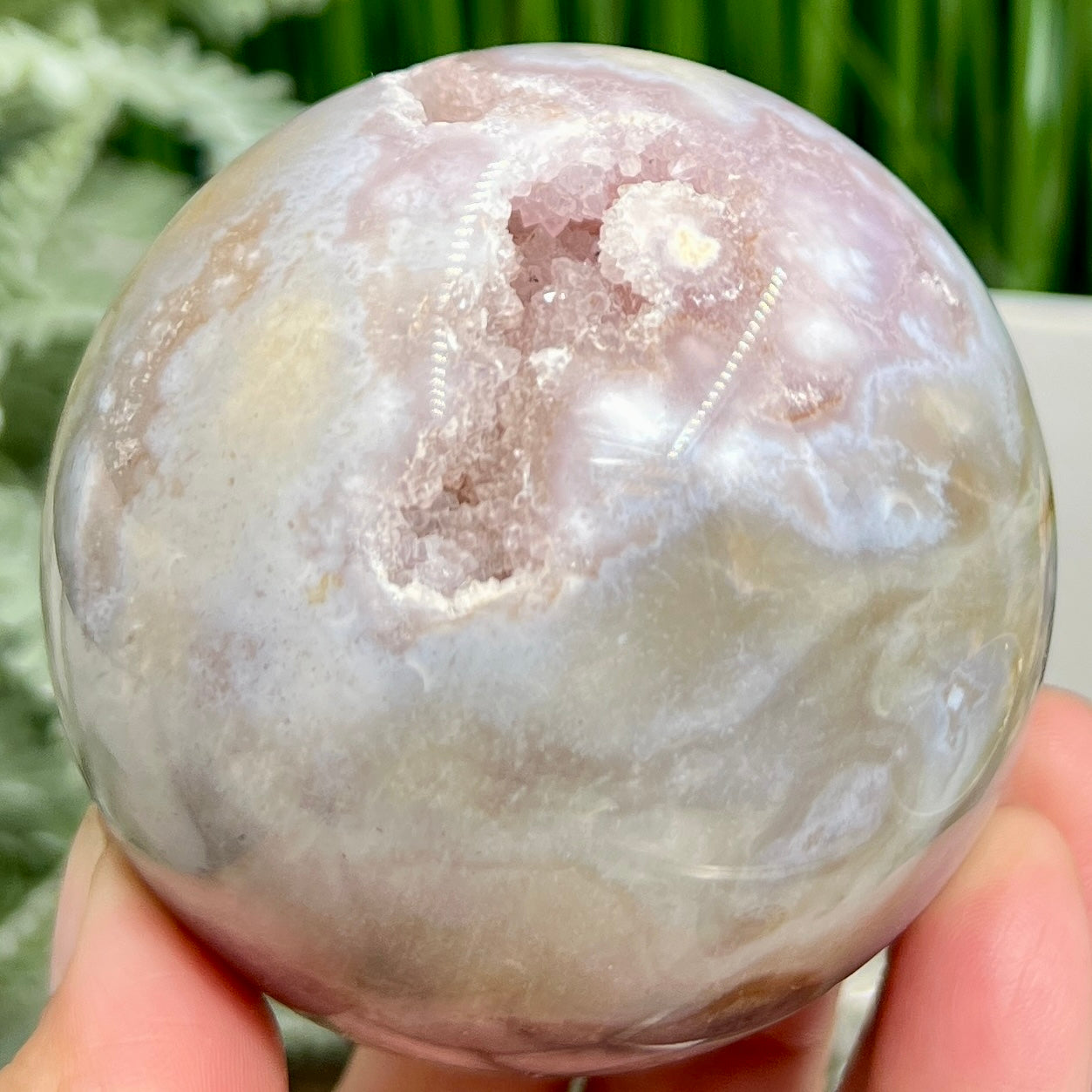 Pink Amethyst Flower Agate Dendritic Quartz Sphere Crystal Ball 488g 71mm