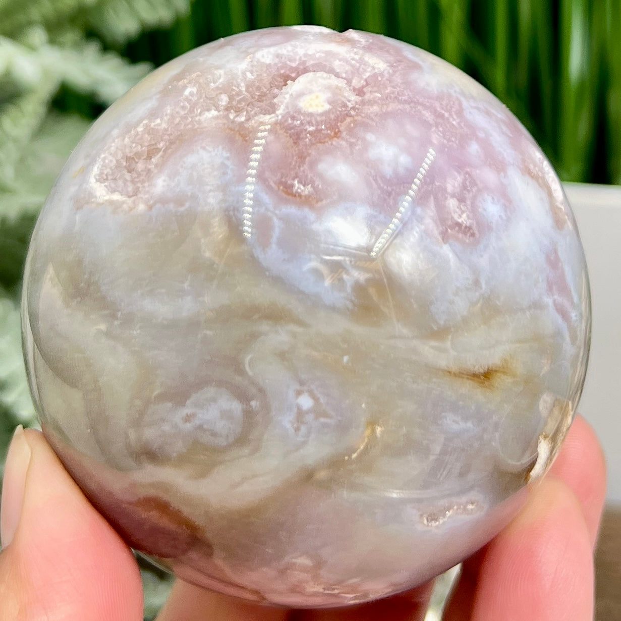 Pink Amethyst Flower Agate Dendritic Quartz Sphere Crystal Ball 488g 71mm