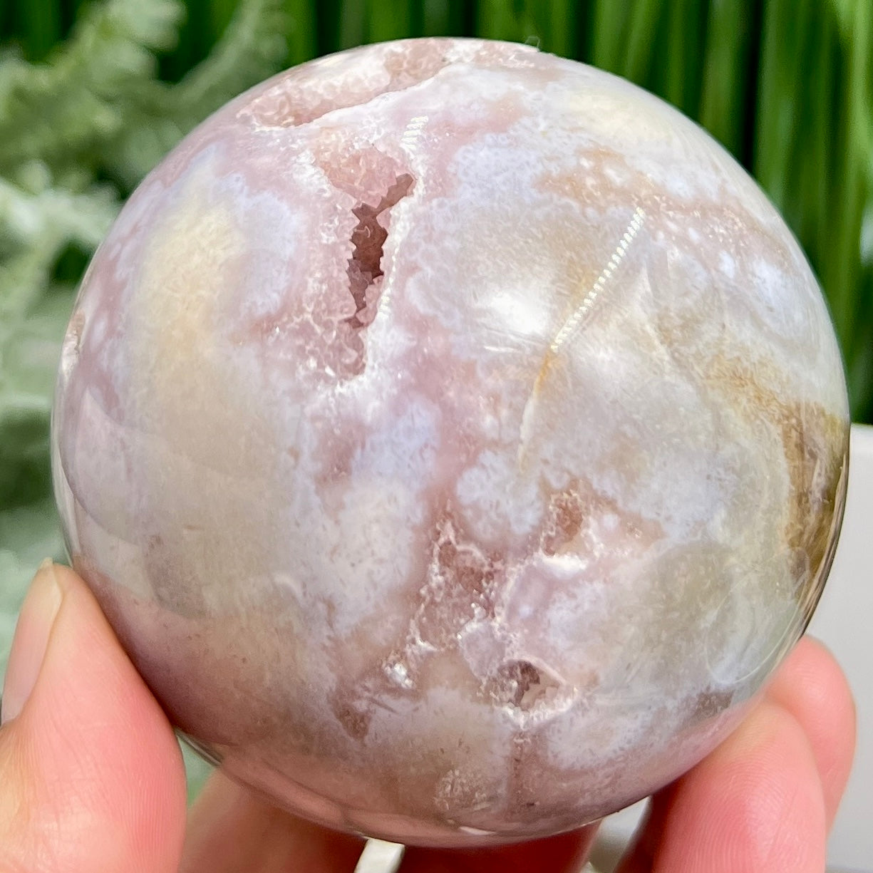 Pink Amethyst Flower Agate Dendritic Quartz Sphere Crystal Ball 488g 71mm
