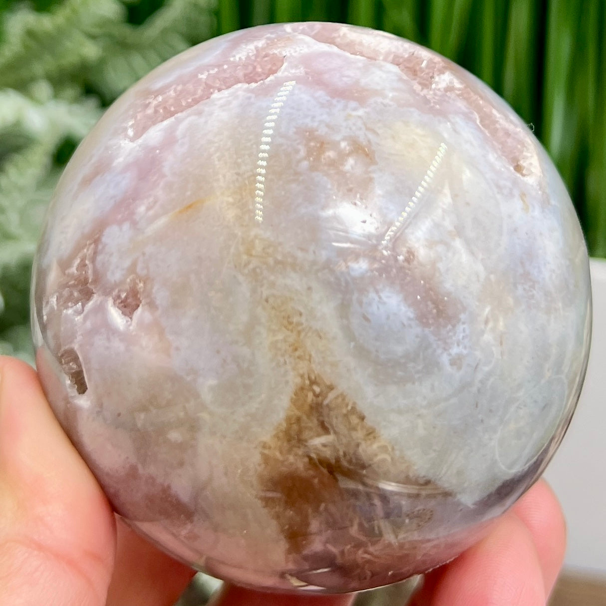 Pink Amethyst Flower Agate Dendritic Quartz Sphere Crystal Ball 488g 71mm