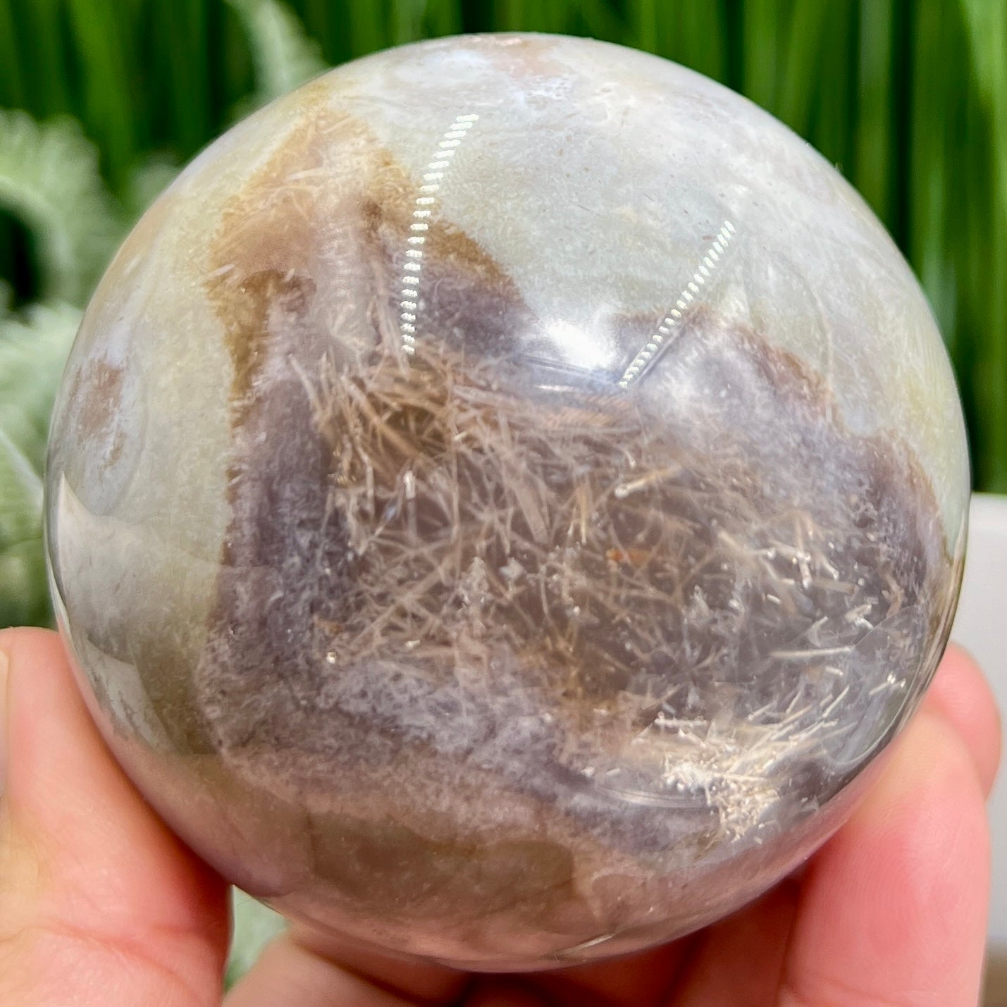 Pink Amethyst Flower Agate Dendritic Quartz Sphere Crystal Ball 488g 71mm