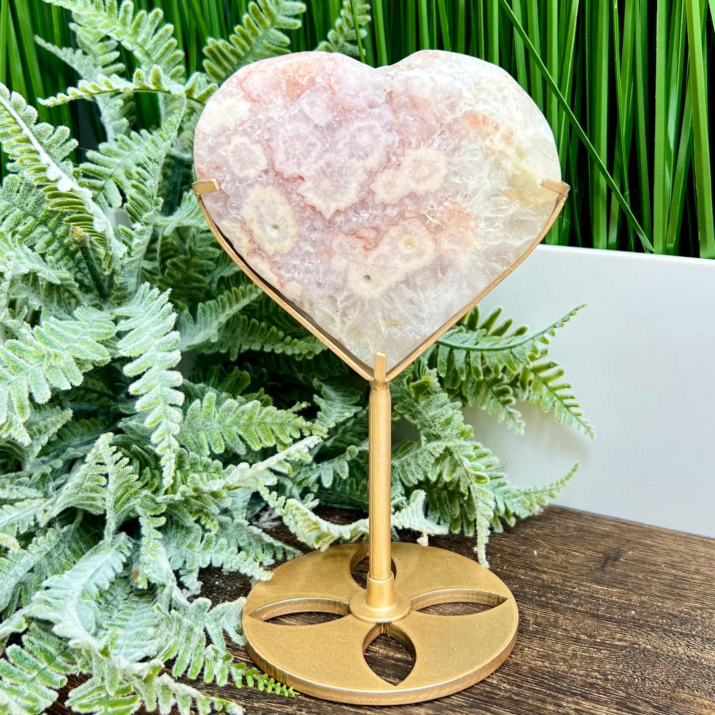 Pink Amethyst Flower Agate Quartz Heart with Stand Healing Crystal Carving 314g