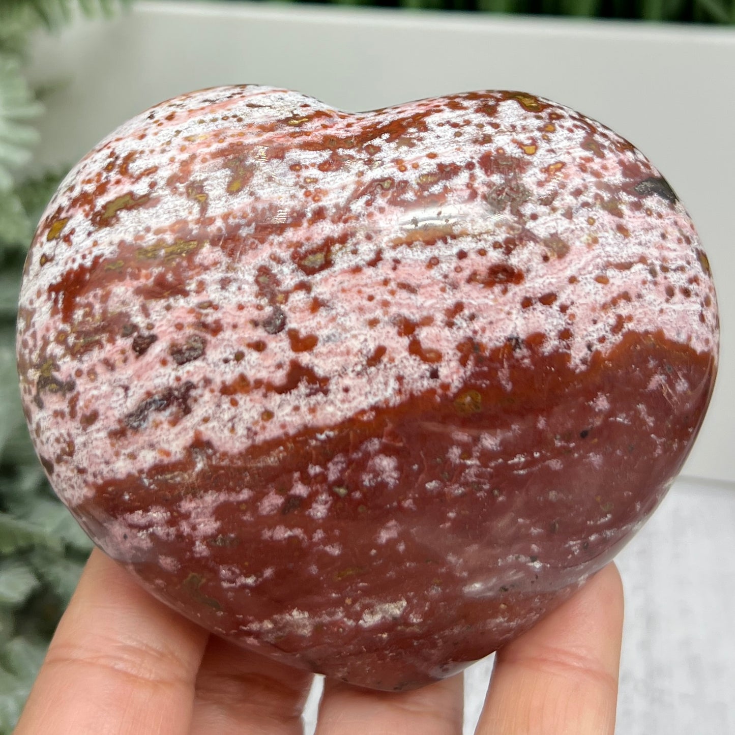 Pink Orbicular Ocean Sea Jasper Gemstone of Joy Heart Crystal Carving 388g