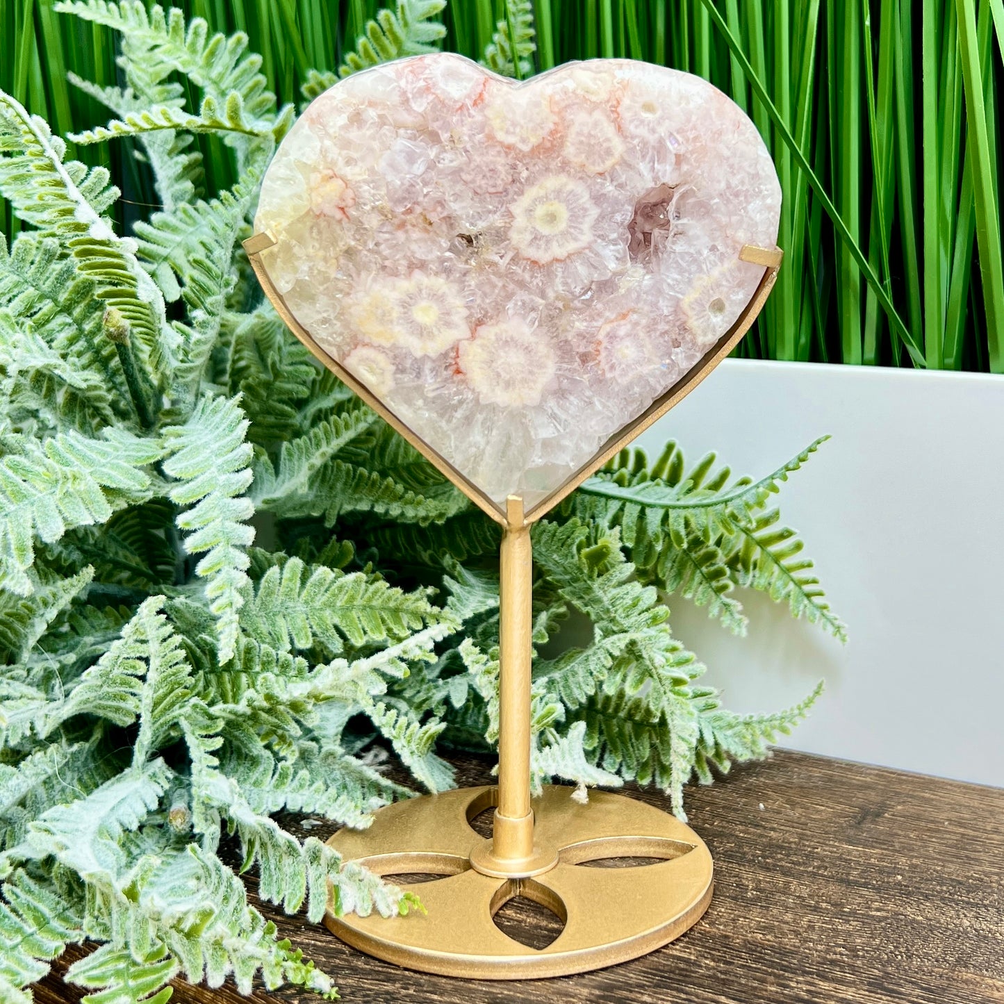 Pink Amethyst Flower Agate Quartz Heart with Stand Healing Crystal Carving 314g