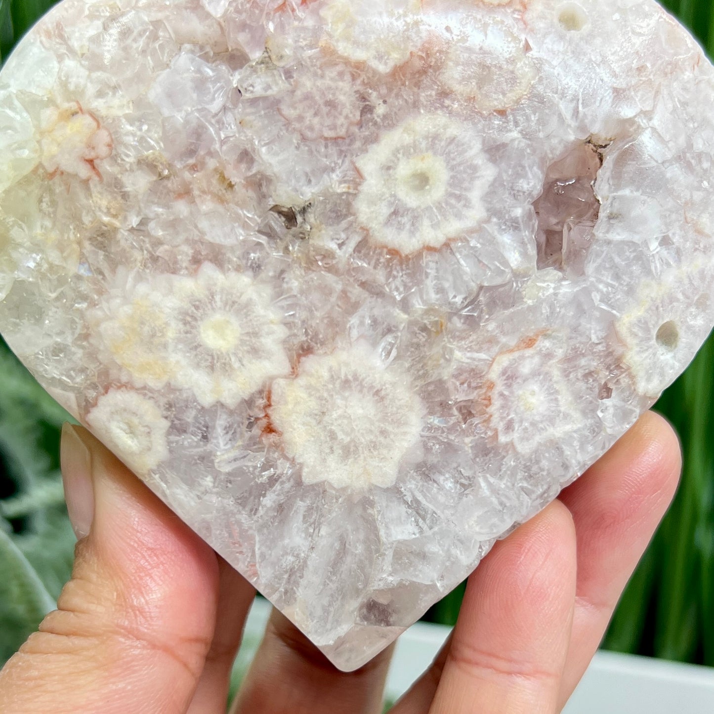 Pink Amethyst Flower Agate Quartz Heart with Stand Healing Crystal Carving 314g