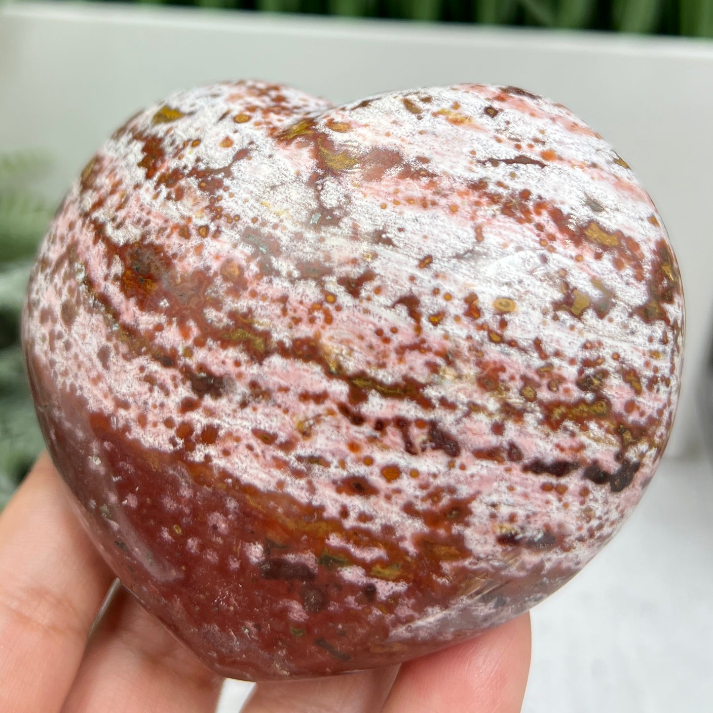 Pink Orbicular Ocean Sea Jasper Gemstone of Joy Heart Crystal Carving 388g