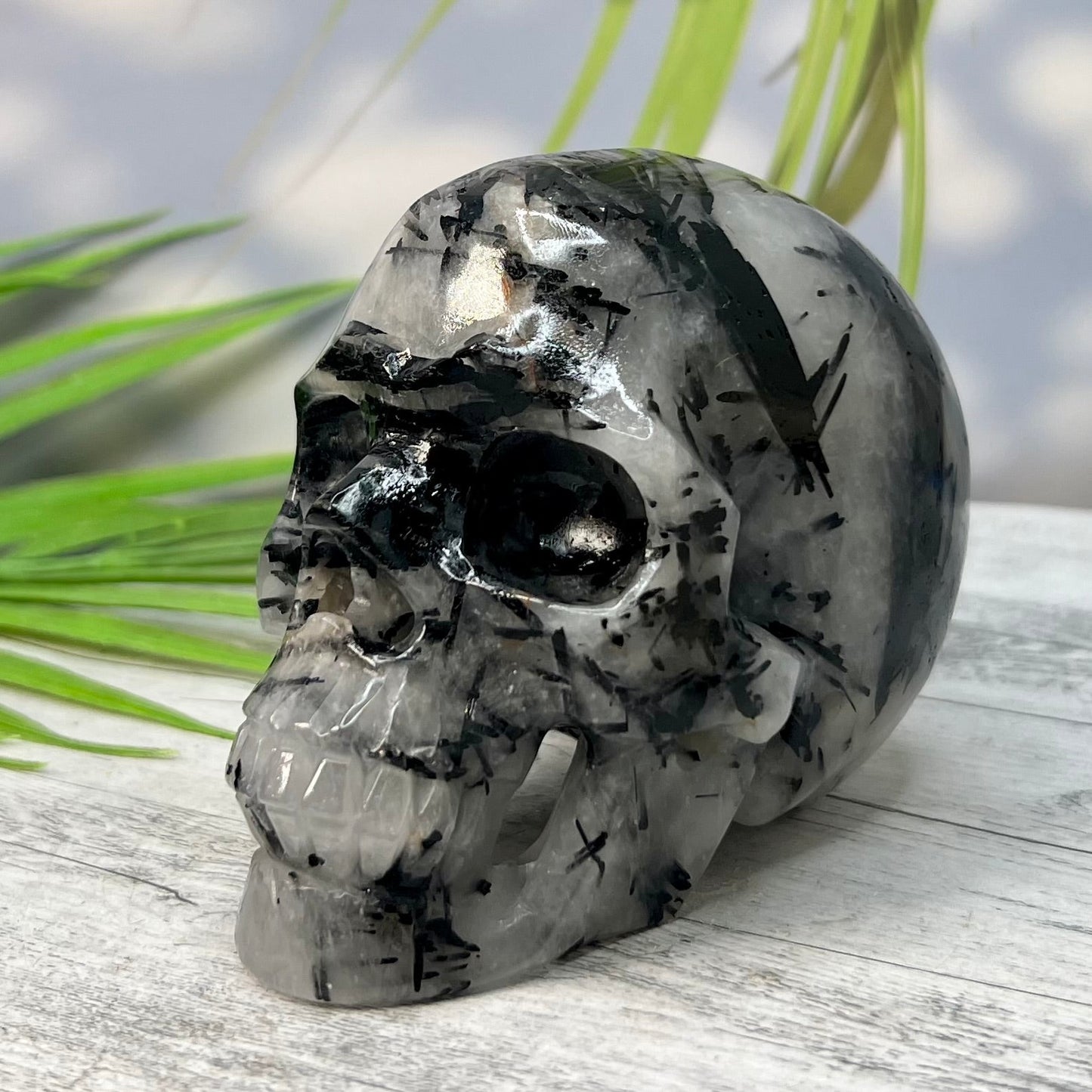 Black Tourmaline in Quartz Skull Hollow Jaw Healing Crystal Carving 715g
