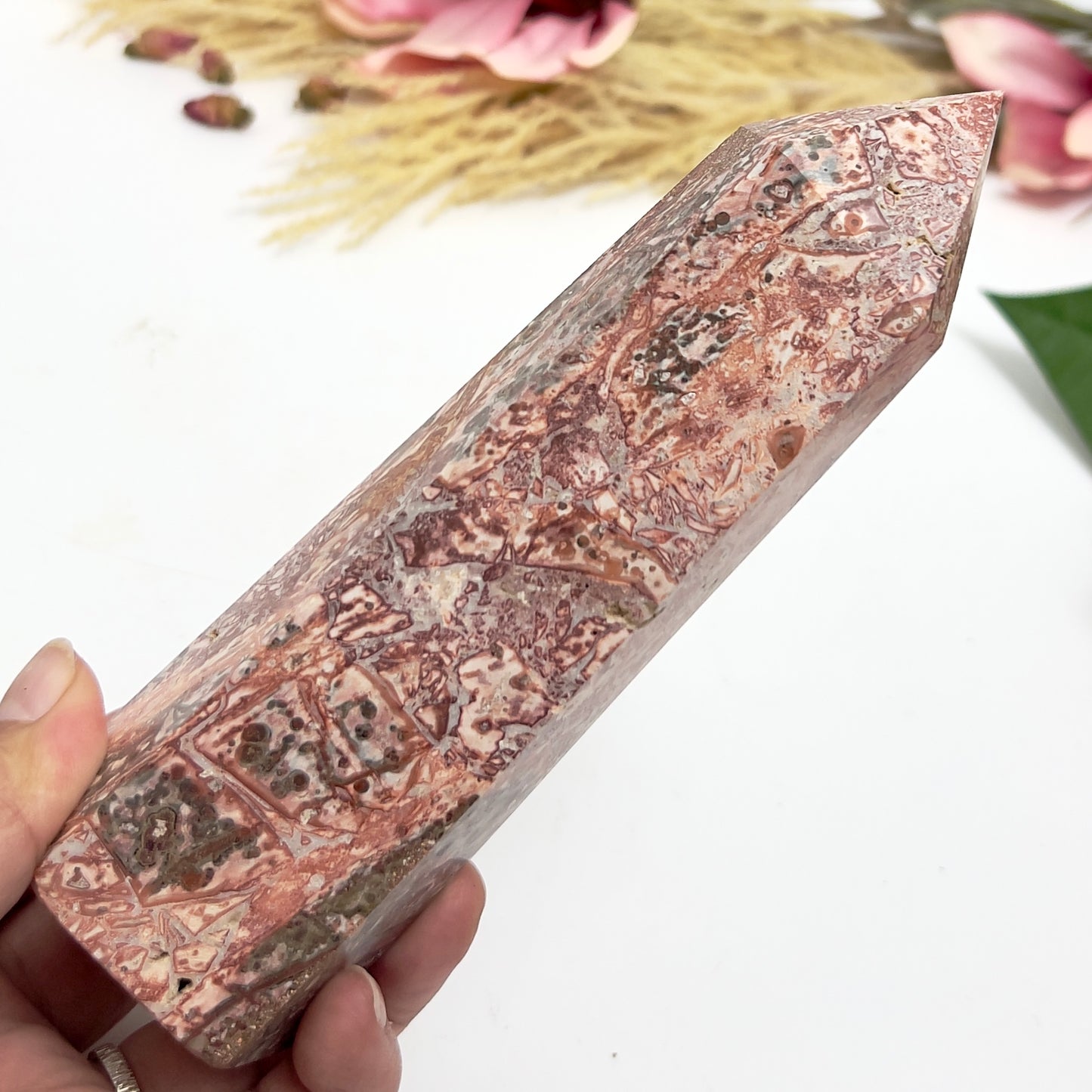 Red Leopardskin Jasper Tower Point Healing Crystal Generators 472g 162mm
