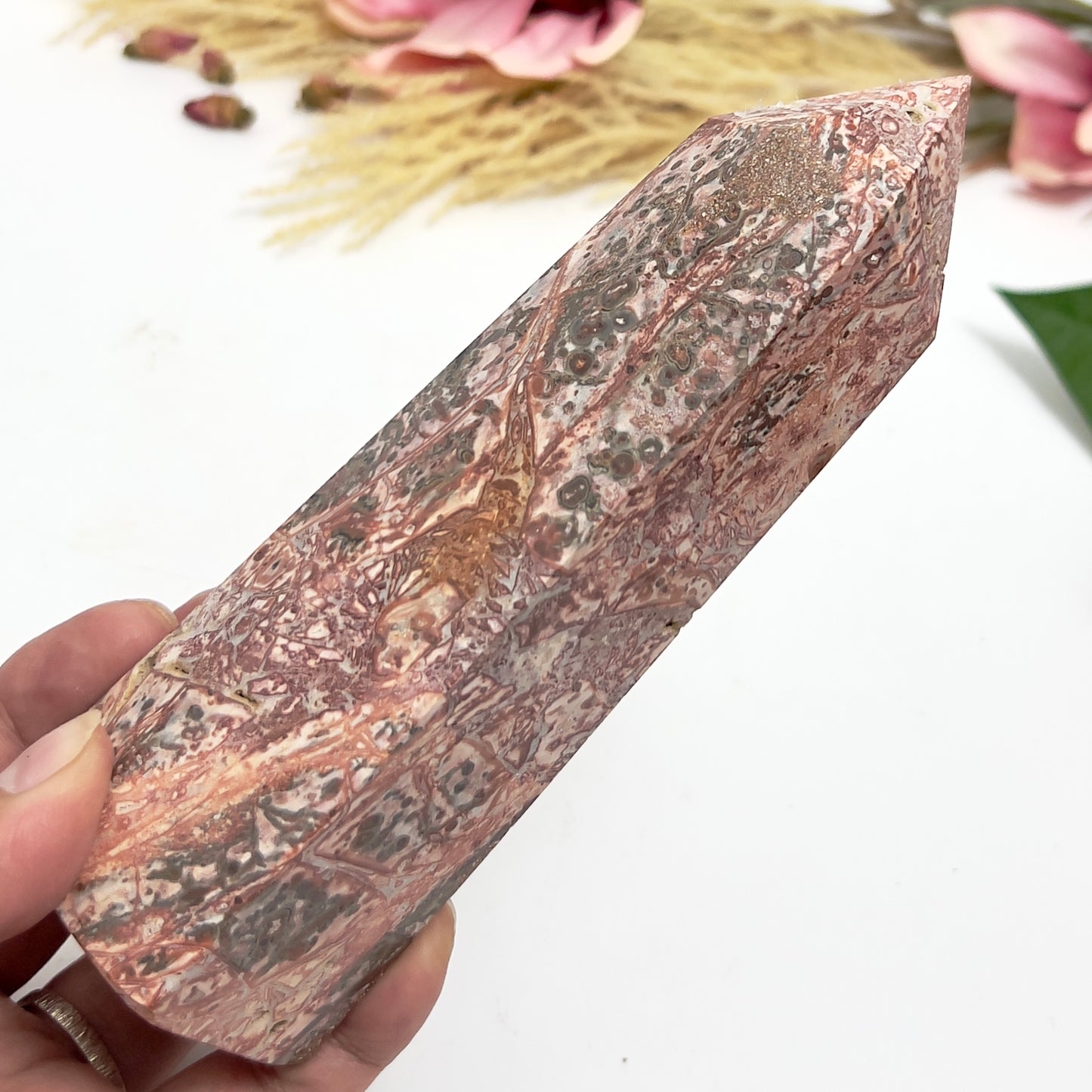 Red Leopardskin Jasper Tower Point Healing Crystal Generators 472g 162mm