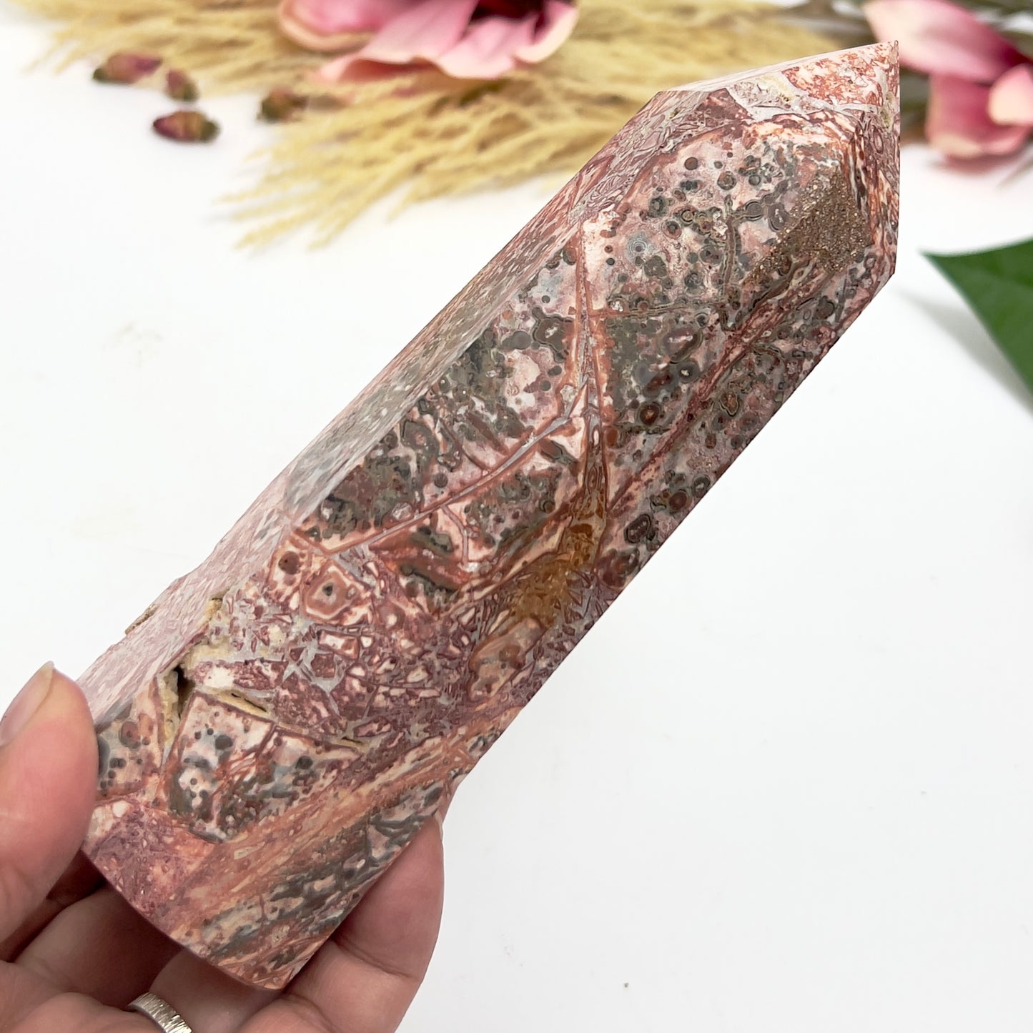 Red Leopardskin Jasper Tower Point Healing Crystal Generators 472g 162mm